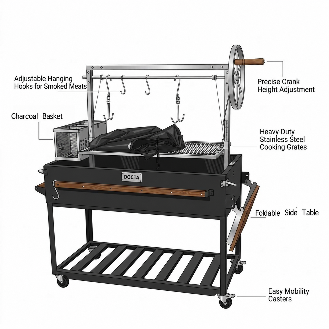 Labeled DOCTA grill feature diagram showing hanging hooks, charcoal basket, crank height adjustment, stainless-steel grates, foldable side table and casters
